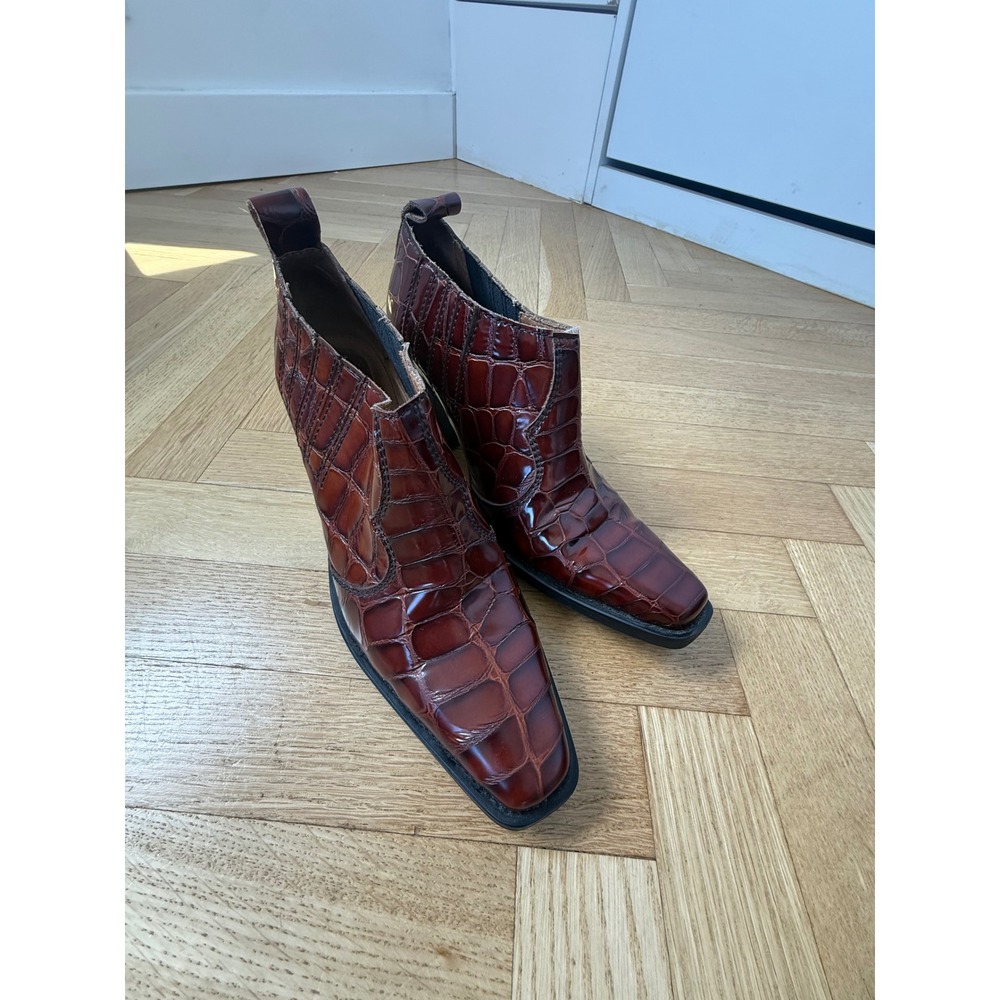 Ganni Brown Croc Embossed Leather Western Ankle Boots Square Toe Block Heel 39